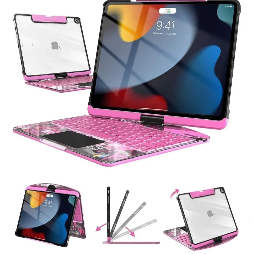Pink Wireless Keyboard Case for iPad 9th 8th 7th Gen 10.2 360 Rotate Backlit